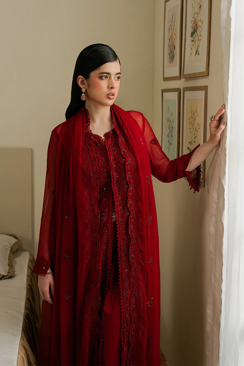 4 PIECE EMBROIDERED CHIFFON SUIT-DEEP INFERNO (LUXURY UNSTITCHED) - Image 2