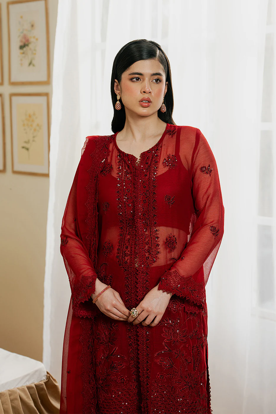 4 PIECE EMBROIDERED CHIFFON SUIT-DEEP INFERNO (LUXURY UNSTITCHED) - Image 3