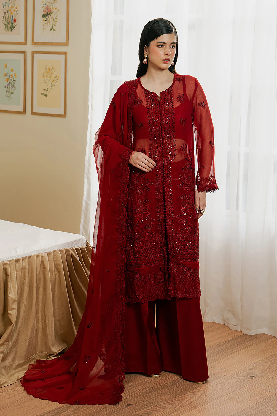 4 PIECE EMBROIDERED CHIFFON SUIT-DEEP INFERNO (LUXURY UNSTITCHED) - Image 4