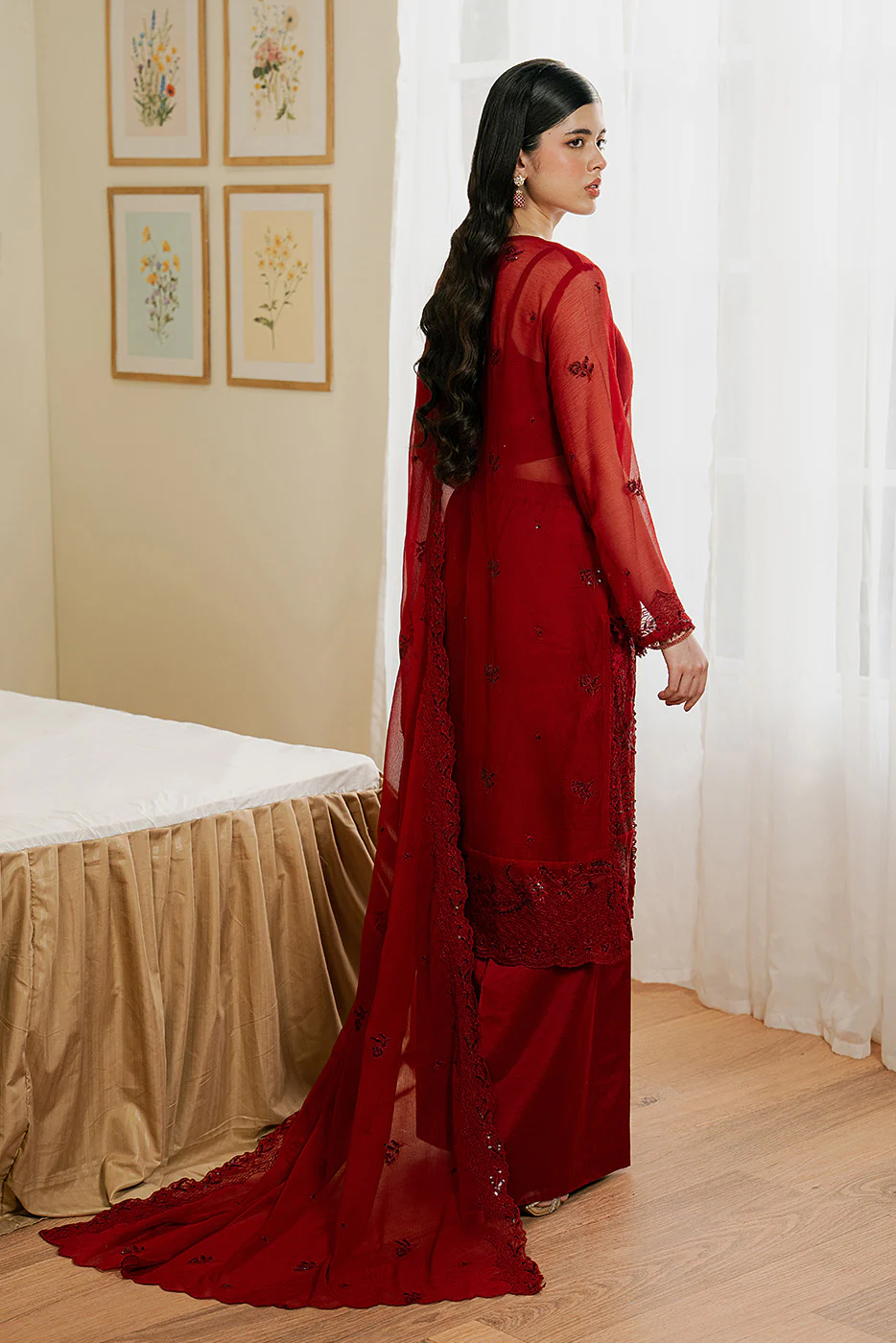 4 PIECE EMBROIDERED CHIFFON SUIT-DEEP INFERNO (LUXURY UNSTITCHED) - Image 5