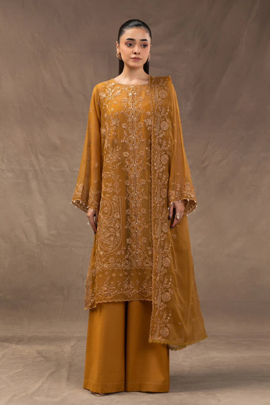 4 PIECE EMBROIDERED CHIFFON SUIT-GOLD SECRET (UNSTITCHED) - Image 2