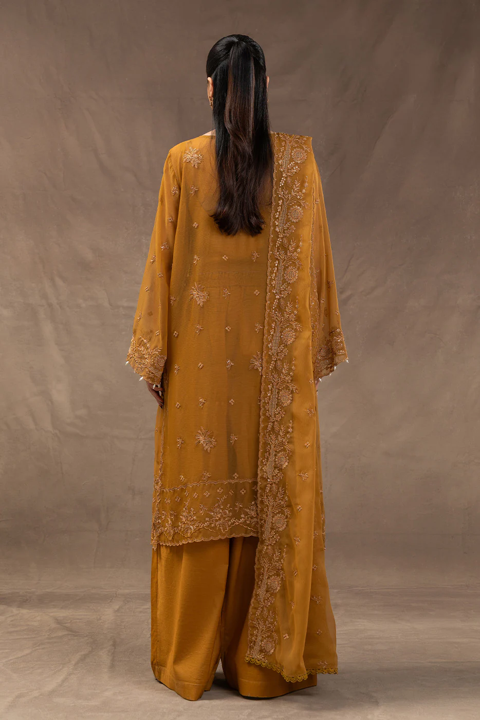 4 PIECE EMBROIDERED CHIFFON SUIT-GOLD SECRET (UNSTITCHED) - Image 3