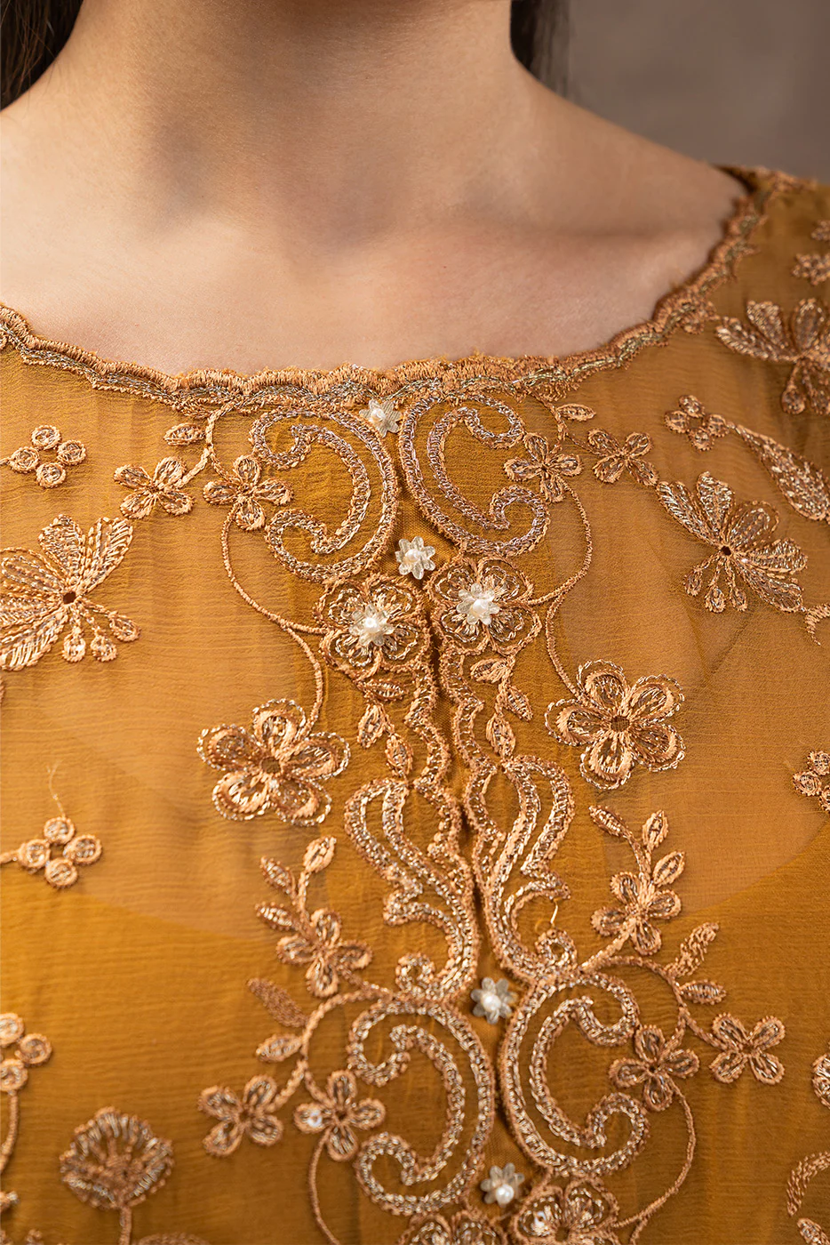 4 PIECE EMBROIDERED CHIFFON SUIT-GOLD SECRET (UNSTITCHED) - Image 5