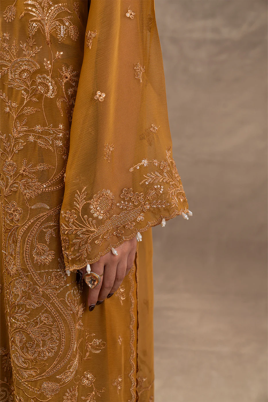 4 PIECE EMBROIDERED CHIFFON SUIT-GOLD SECRET (UNSTITCHED) - Image 6