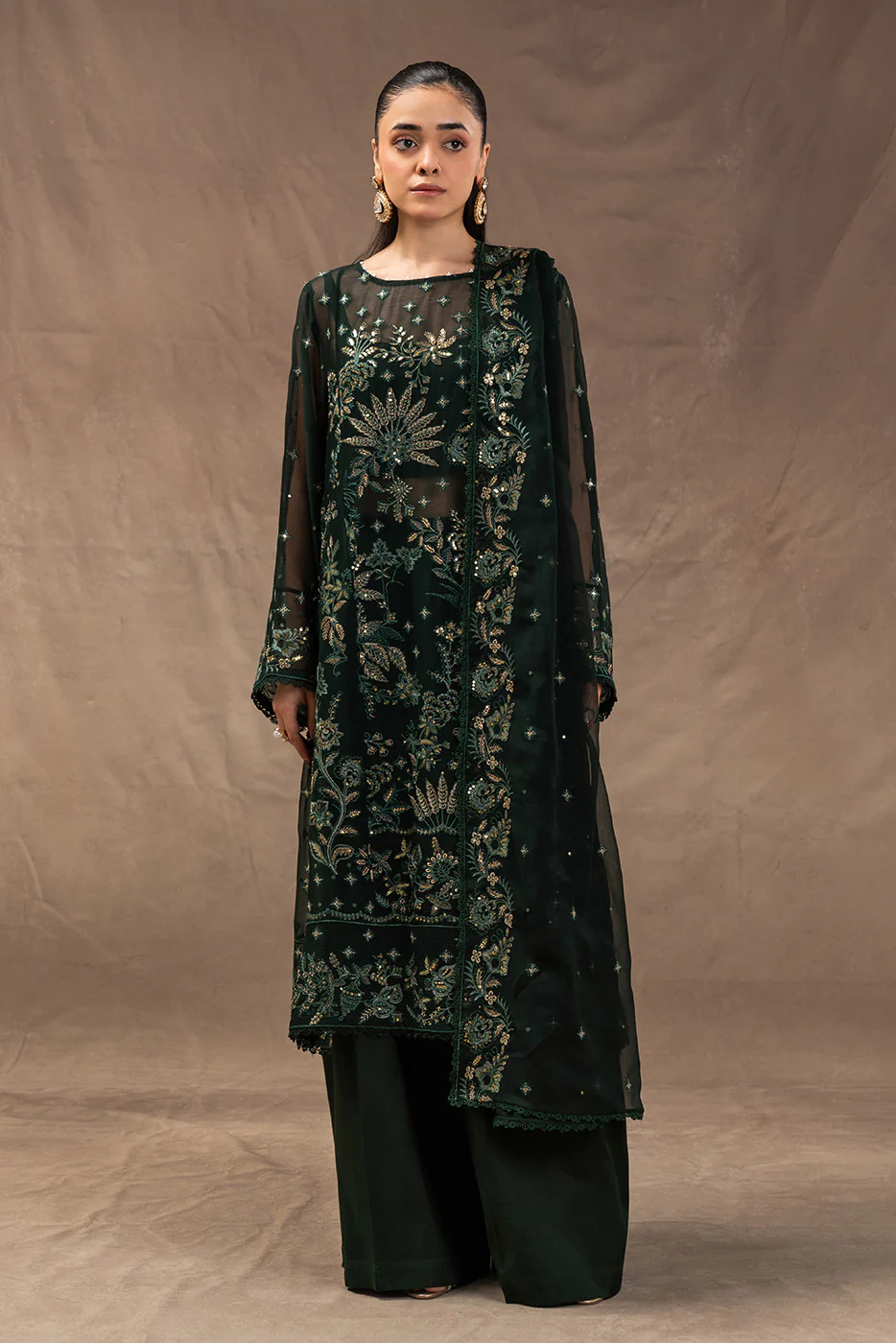 4 PIECE EMBROIDERED CHIFFON SUIT-EVERGREEN GROVE (UNSTITCHED) - Image 2