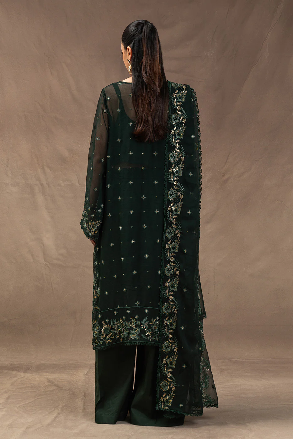 4 PIECE EMBROIDERED CHIFFON SUIT-EVERGREEN GROVE (UNSTITCHED) - Image 3