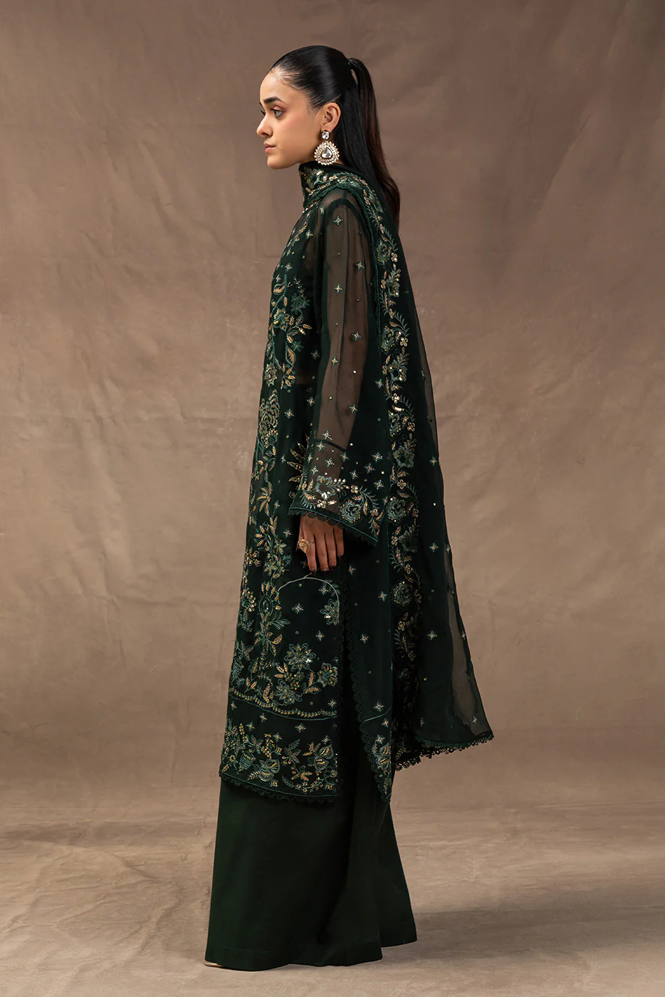 4 PIECE EMBROIDERED CHIFFON SUIT-EVERGREEN GROVE (UNSTITCHED) - Image 4
