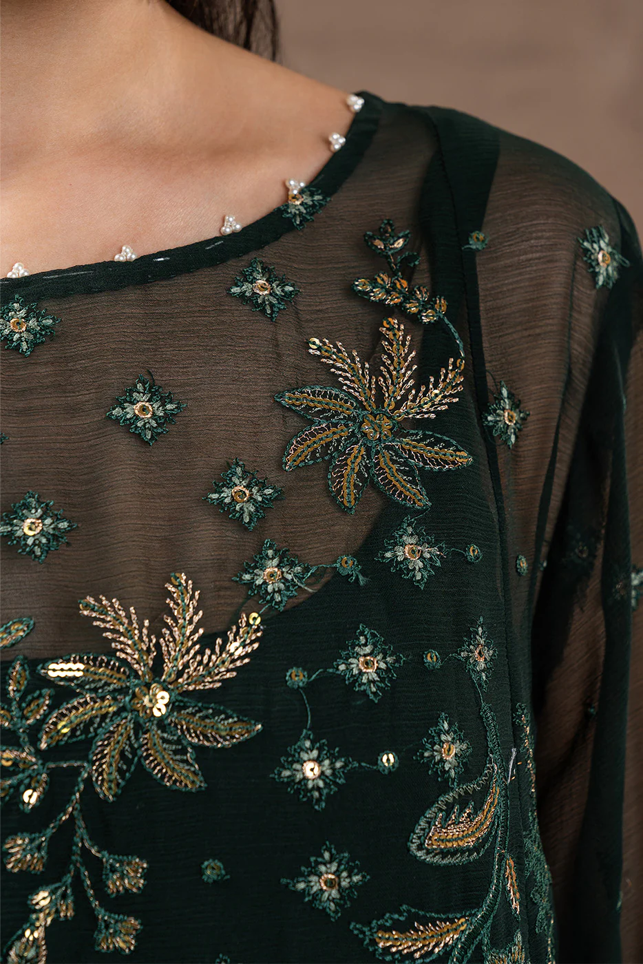 4 PIECE EMBROIDERED CHIFFON SUIT-EVERGREEN GROVE (UNSTITCHED) - Image 5
