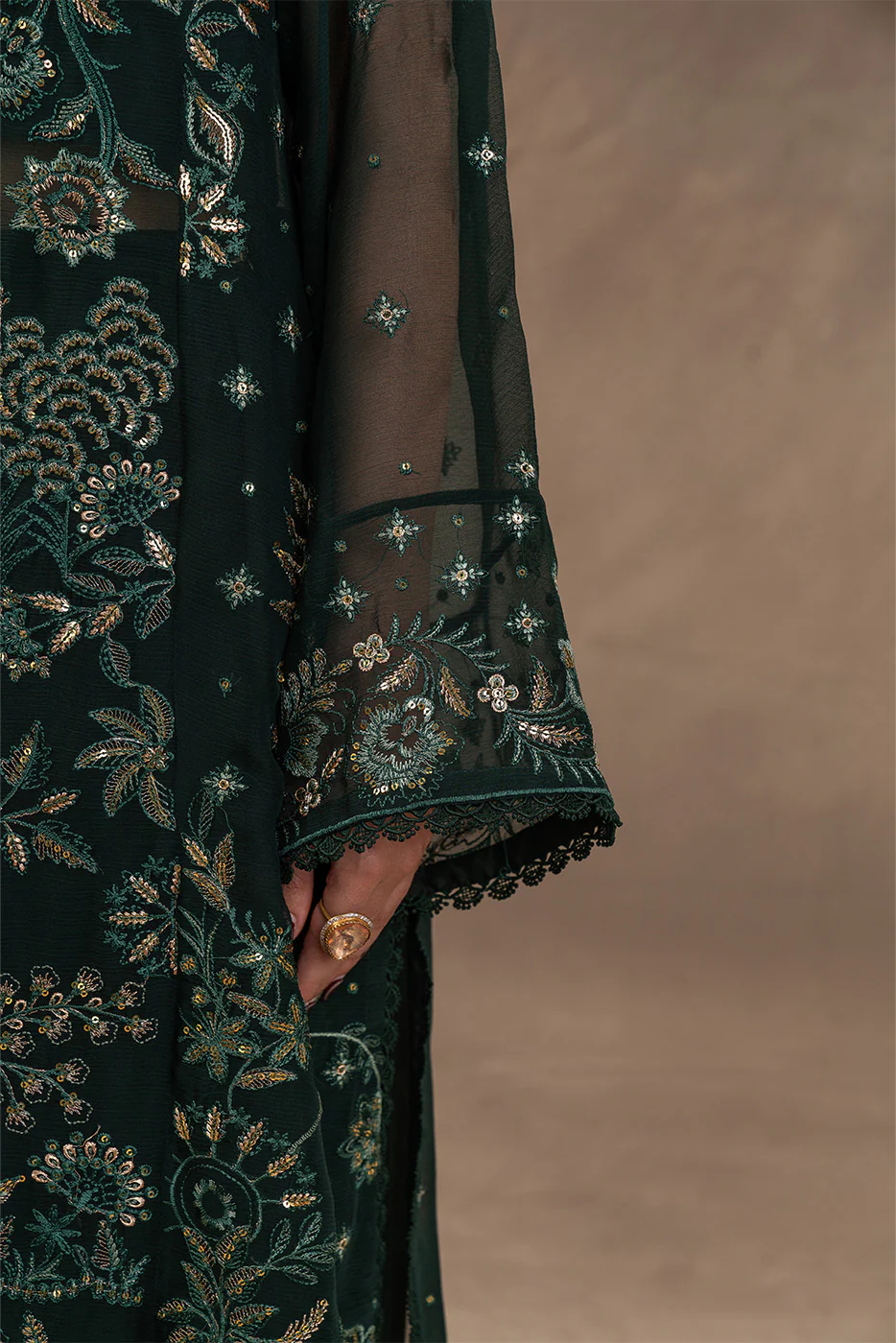 4 PIECE EMBROIDERED CHIFFON SUIT-EVERGREEN GROVE (UNSTITCHED) - Image 6
