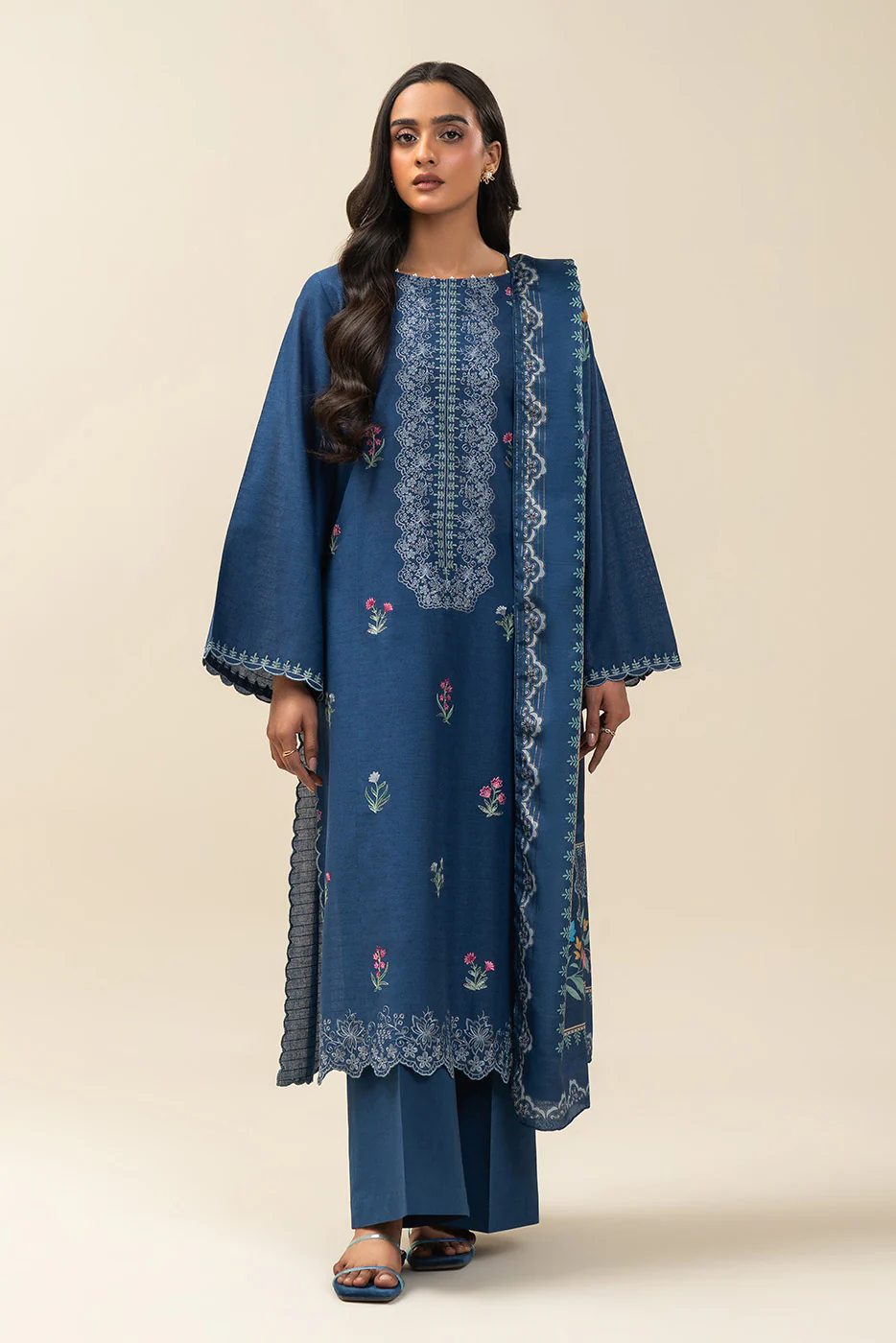 3 PIECE EMBROIDERED  TEXTURED LAWN SUIT-INDIGO HAZE (UNSTITCHED) - Image 2