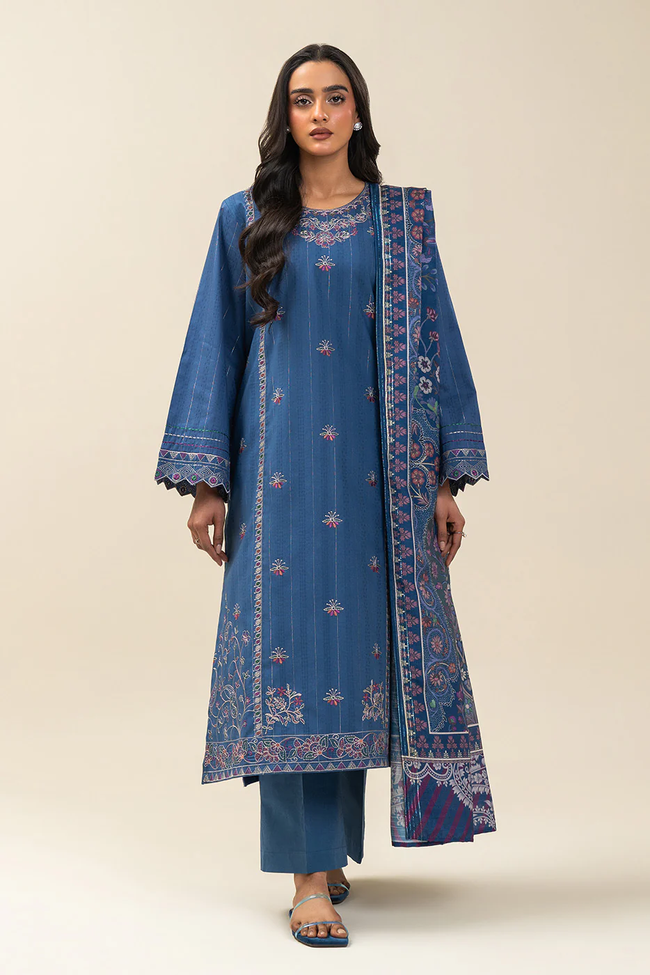 3 PIECE EMBROIDERED  TEXTURED LAWN SUIT-FLORAL TOPAZ (UNSTITCHED) - Image 2