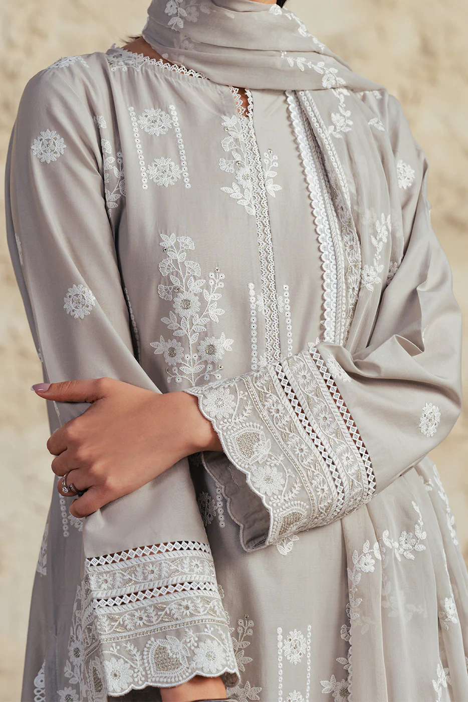 3 PIECE EMBROIDERED SUIT WITH BAMBER CHIFFON DUPATTA-GREY GRANITE (UNSTITCHED) - Image 10