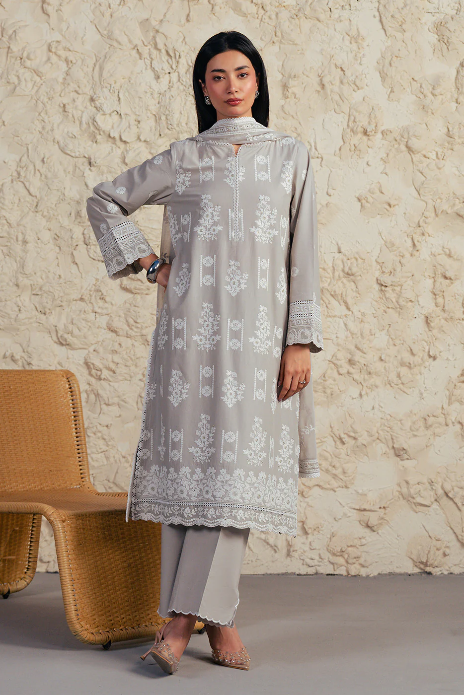 3 PIECE EMBROIDERED SUIT WITH BAMBER CHIFFON DUPATTA-GREY GRANITE (UNSTITCHED) - Image 2