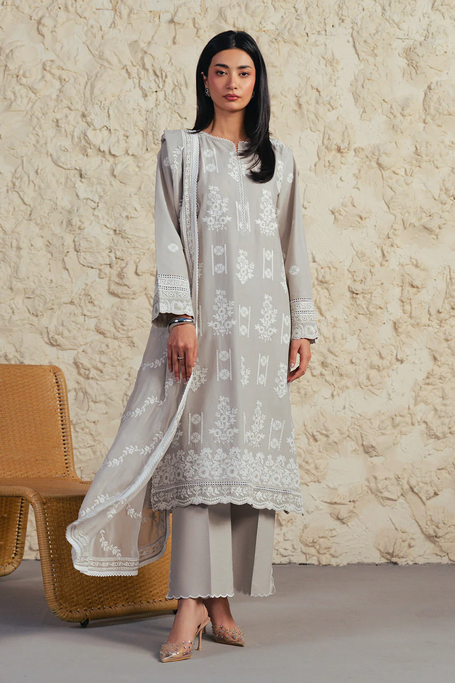 3 PIECE EMBROIDERED SUIT WITH BAMBER CHIFFON DUPATTA-GREY GRANITE (UNSTITCHED) - Image 4