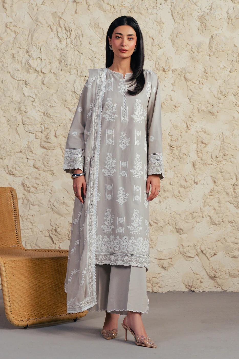 3 PIECE EMBROIDERED SUIT WITH BAMBER CHIFFON DUPATTA-GREY GRANITE (UNSTITCHED) - Image 9
