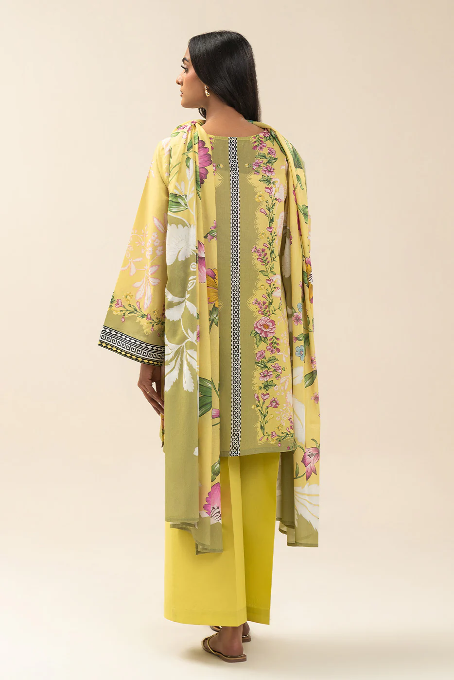3 PIECE PRINTED LAWN SUIT-FROSTED LIME (UNSTITCHED) - Image 3