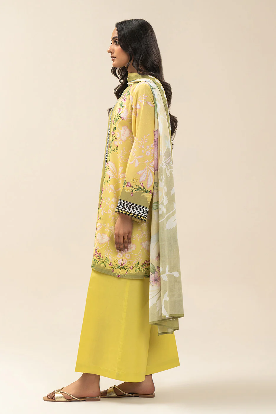 3 PIECE PRINTED LAWN SUIT-FROSTED LIME (UNSTITCHED) - Image 4