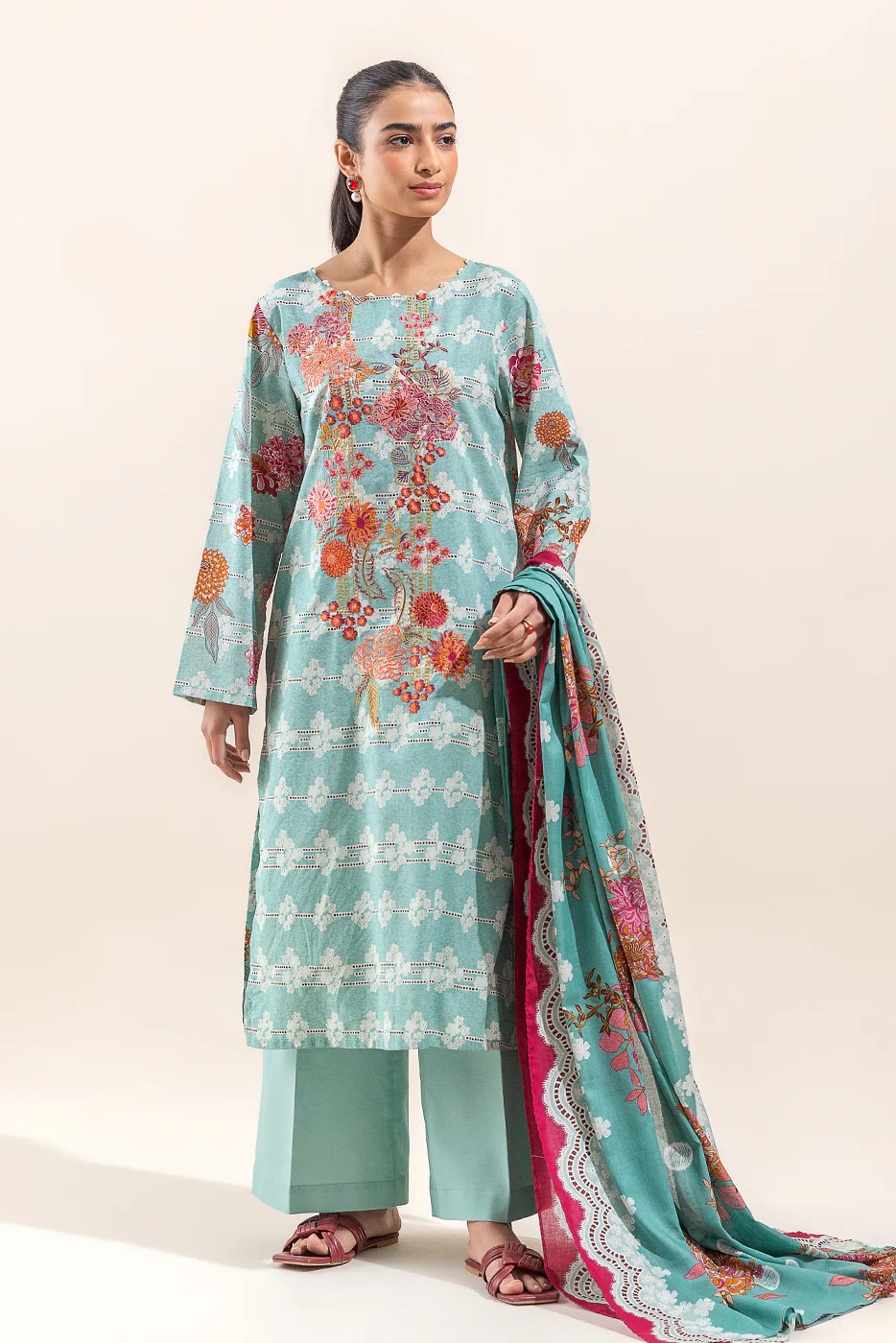 2 PIECE EMBROIDERED LAWN SUIT-DUSTY AQUA (UNSTITCHED) - Image 6