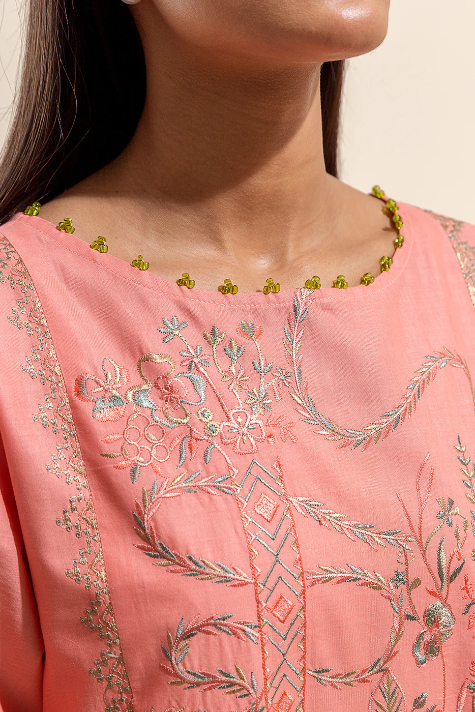 2 PIECE EMBROIDERED LAWN SUIT-CORAL BELLS (UNSTITCHED) - Image 4