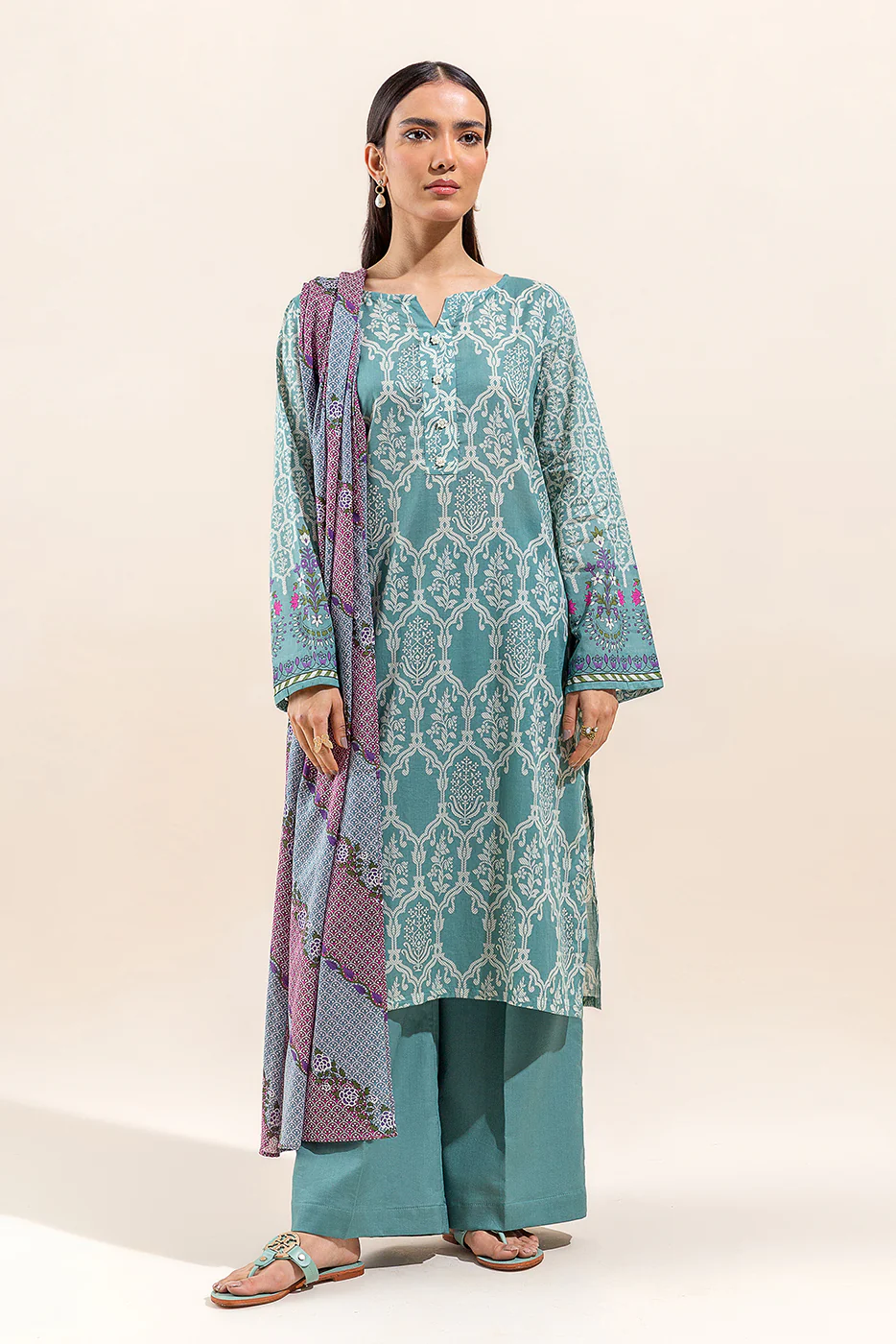 2 PIECE PRINTED LAWN SUIT-DUSTY TEAL (UNSTITCHED) - Image 2