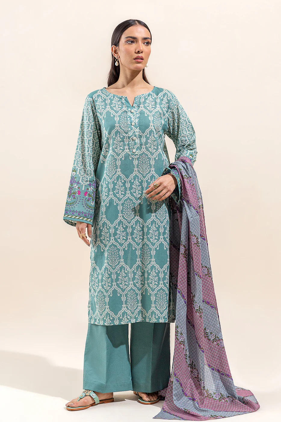 2 PIECE PRINTED LAWN SUIT-DUSTY TEAL (UNSTITCHED) - Image 6