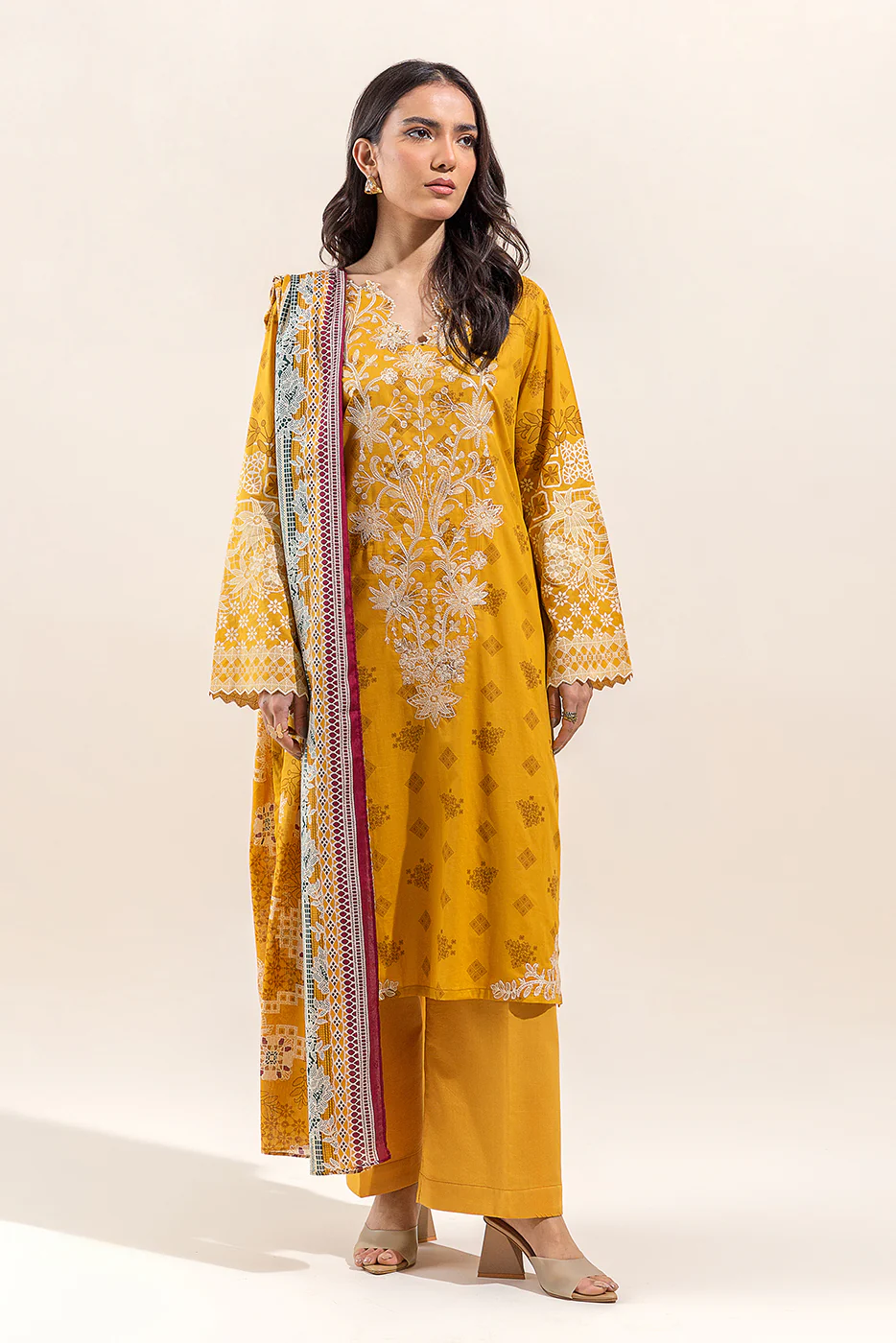 3 PIECE EMBROIDERED LAWN SUIT-GLEAMING GOLD (UNSTITCHED) - Image 2