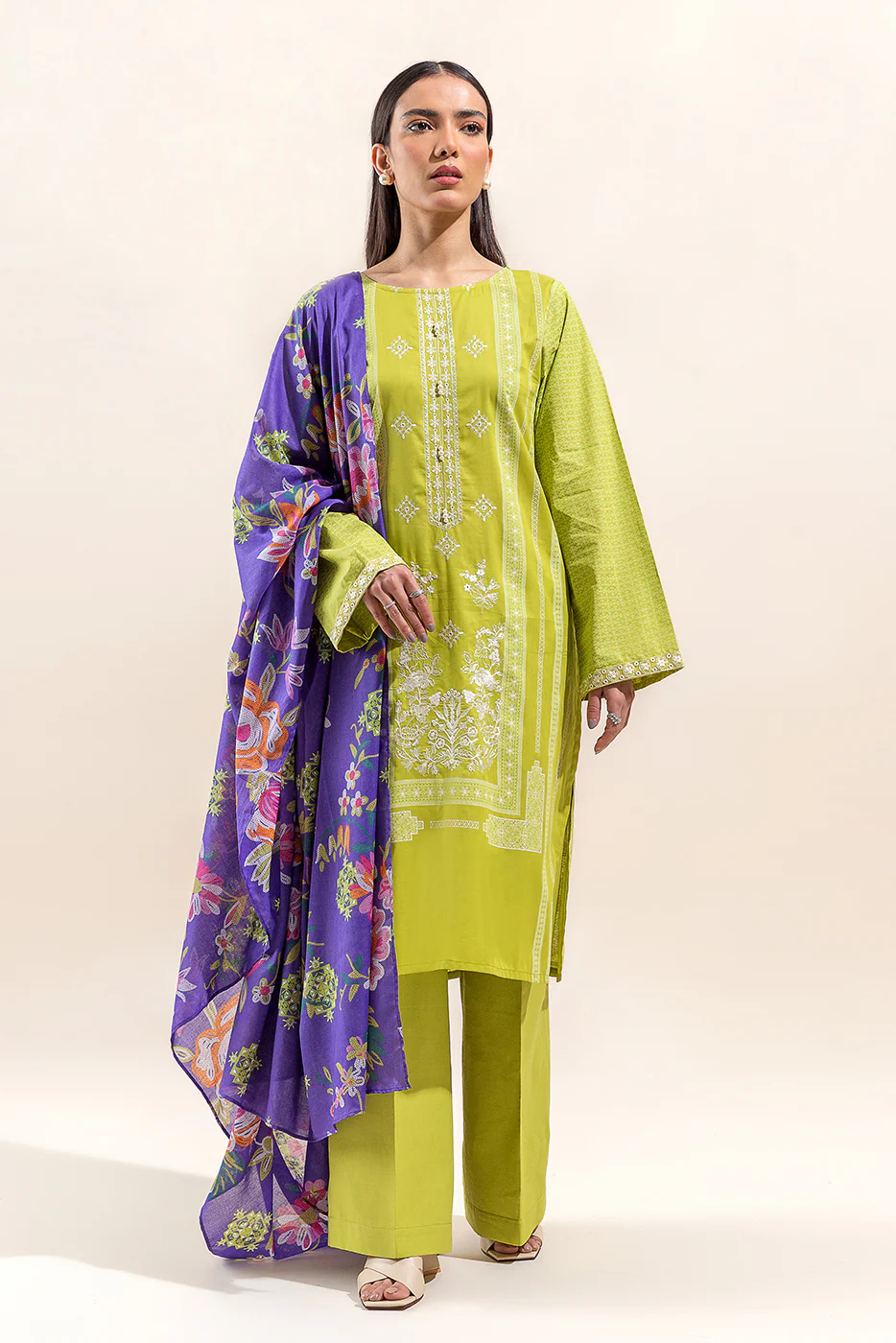 3 PIECE EMBROIDERED LAWN SUIT-WILD LIME (UNSTITCHED) - Image 2