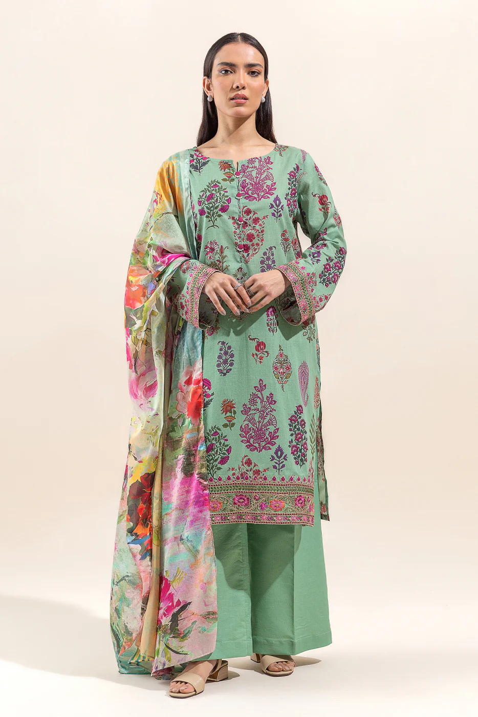 3 PIECE EMBROIDERED LAWN SUIT-DUSKY JADE (UNSTITCHED) - Image 2