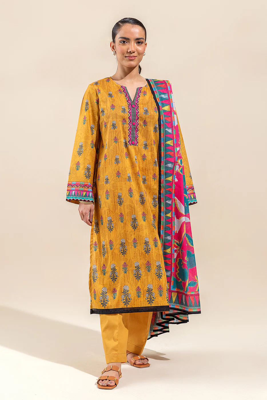 3 PIECE PRINTED LAWN SUIT-YELLOW VOYAGE (UNSTITCHED) - Image 2
