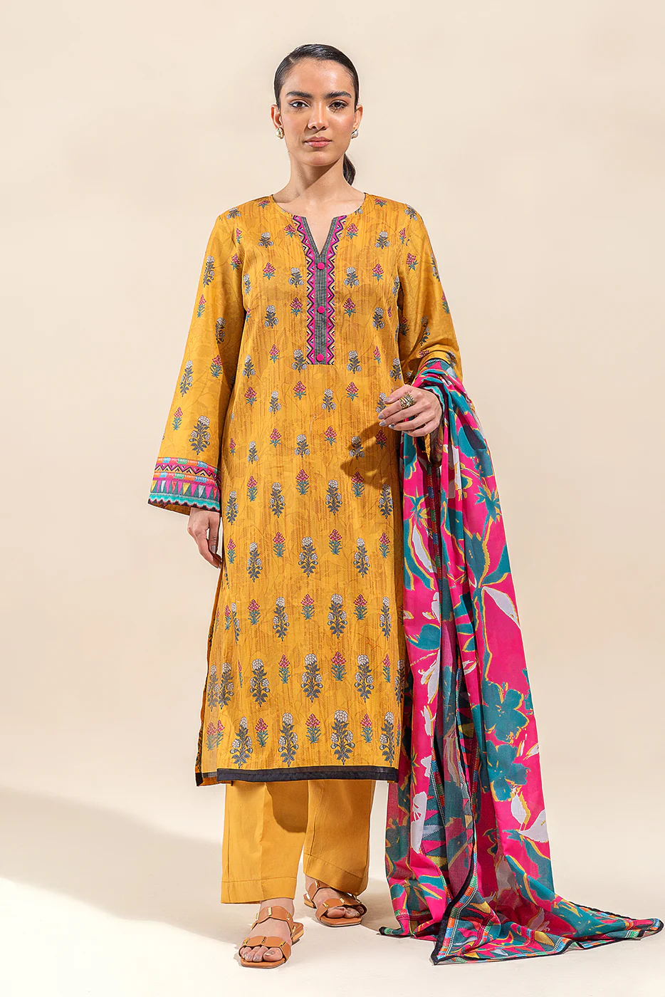 3 PIECE PRINTED LAWN SUIT-YELLOW VOYAGE (UNSTITCHED) - Image 6