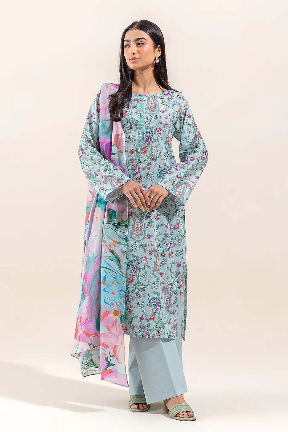 3 PIECE PRINTED LAWN SUIT-GREY MIST (UNSTITCHED) - Image 2
