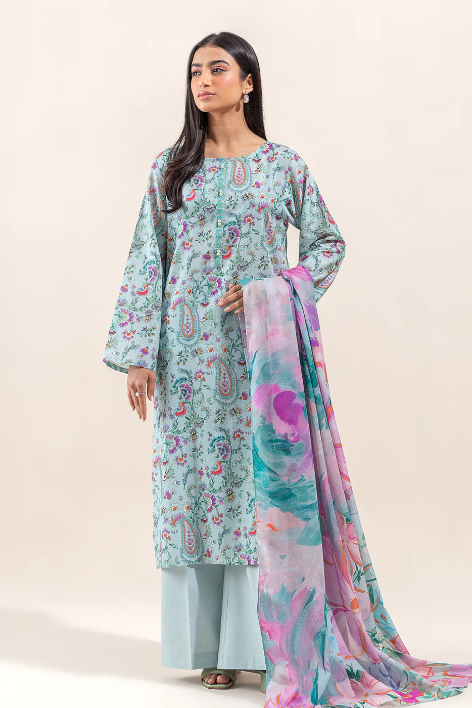 3 PIECE PRINTED LAWN SUIT-GREY MIST (UNSTITCHED) - Image 6