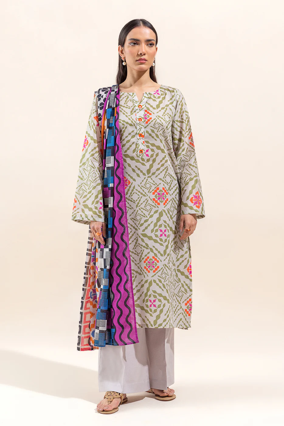 3 PIECE PRINTED LAWN SUIT-FROZEN DEW (UNSTITCHED) - Image 2