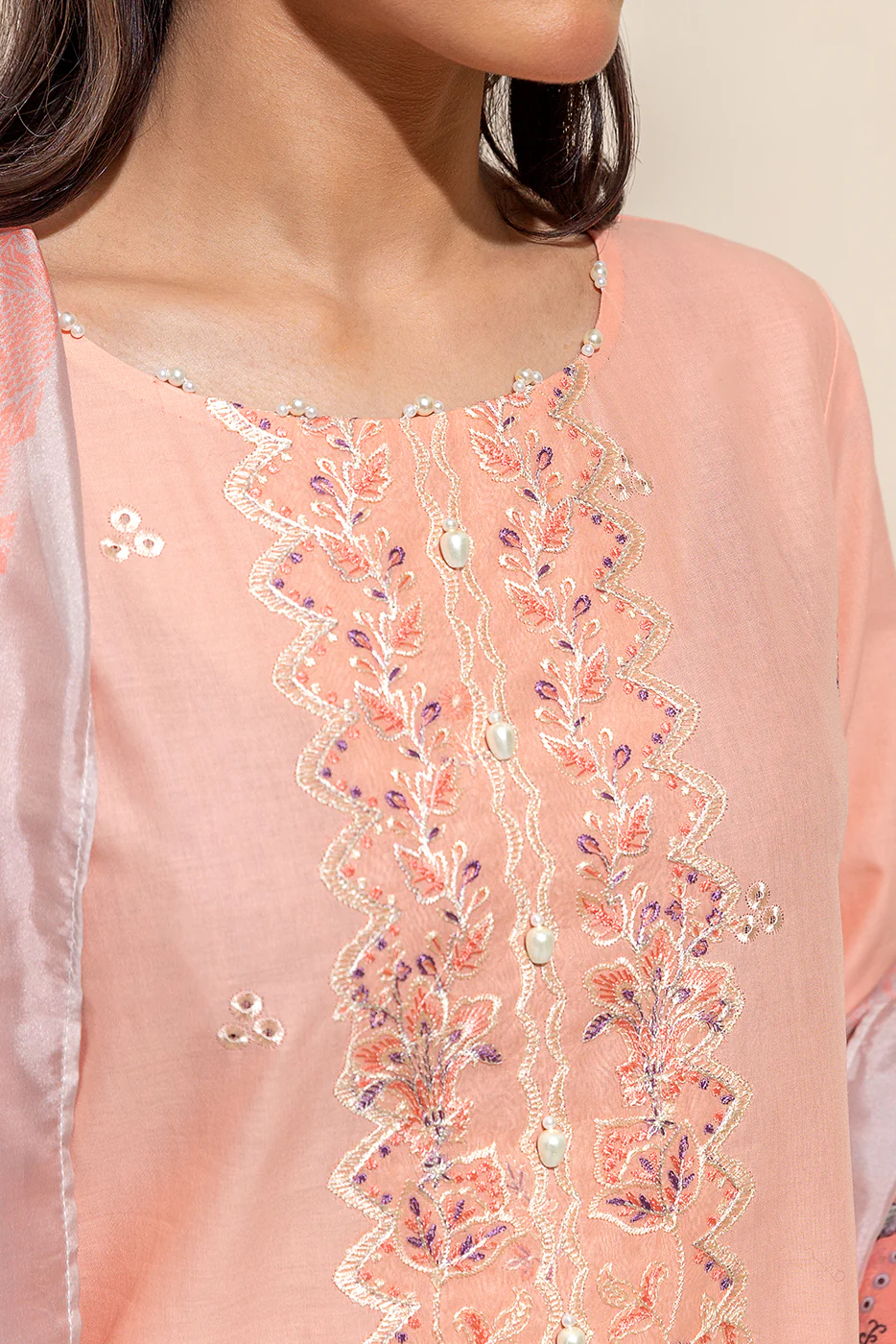 3 PIECE EMBROIDERED LAWN SUIT-CANTALOUPE MUSK (UNSTITCHED) - Image 4