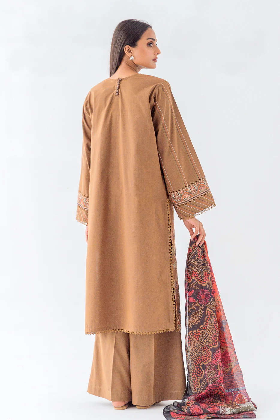 3 PIECE - EMBROIDERED TWO TONE SUIT - DELISH MOCHA (UNSTITCHED) - Image 3