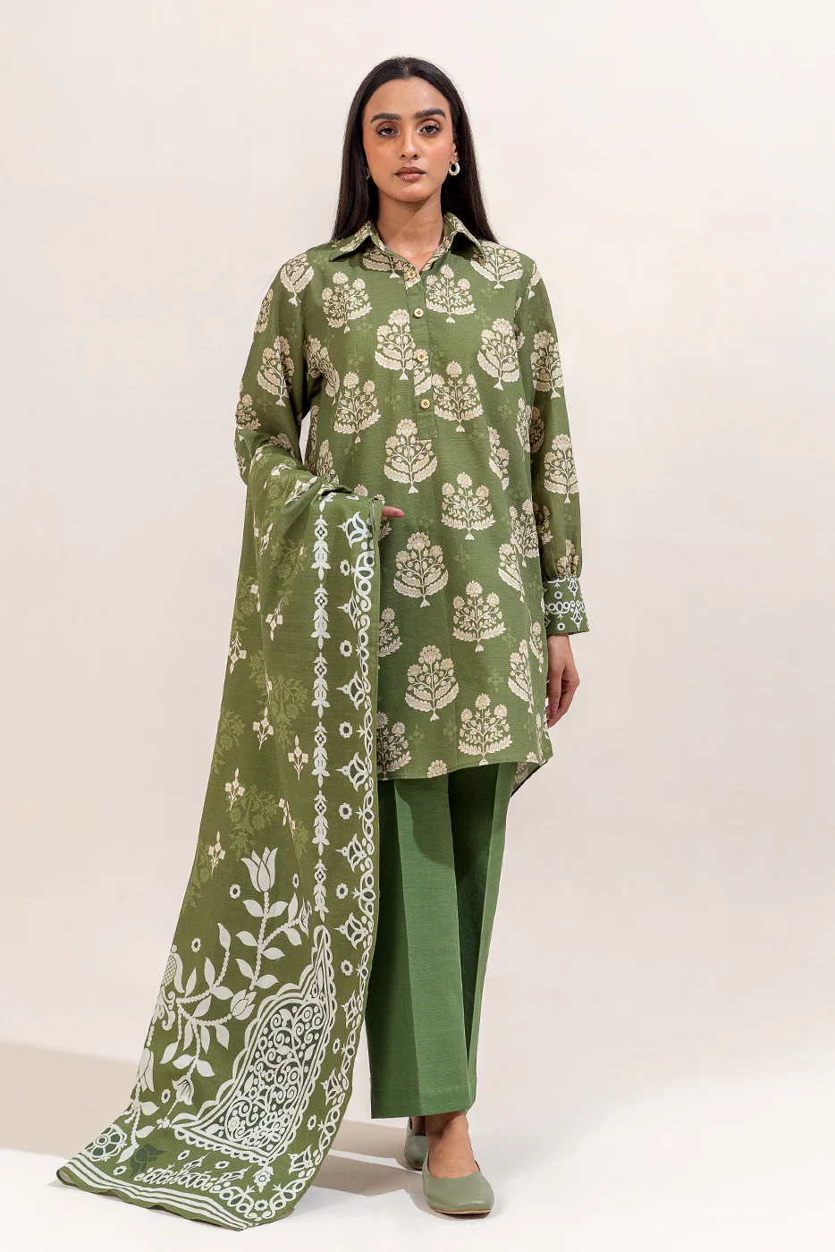 3 PIECE PRINTED KHADDAR SUIT-OLIVE FERN (UNSTITCHED) - Image 3