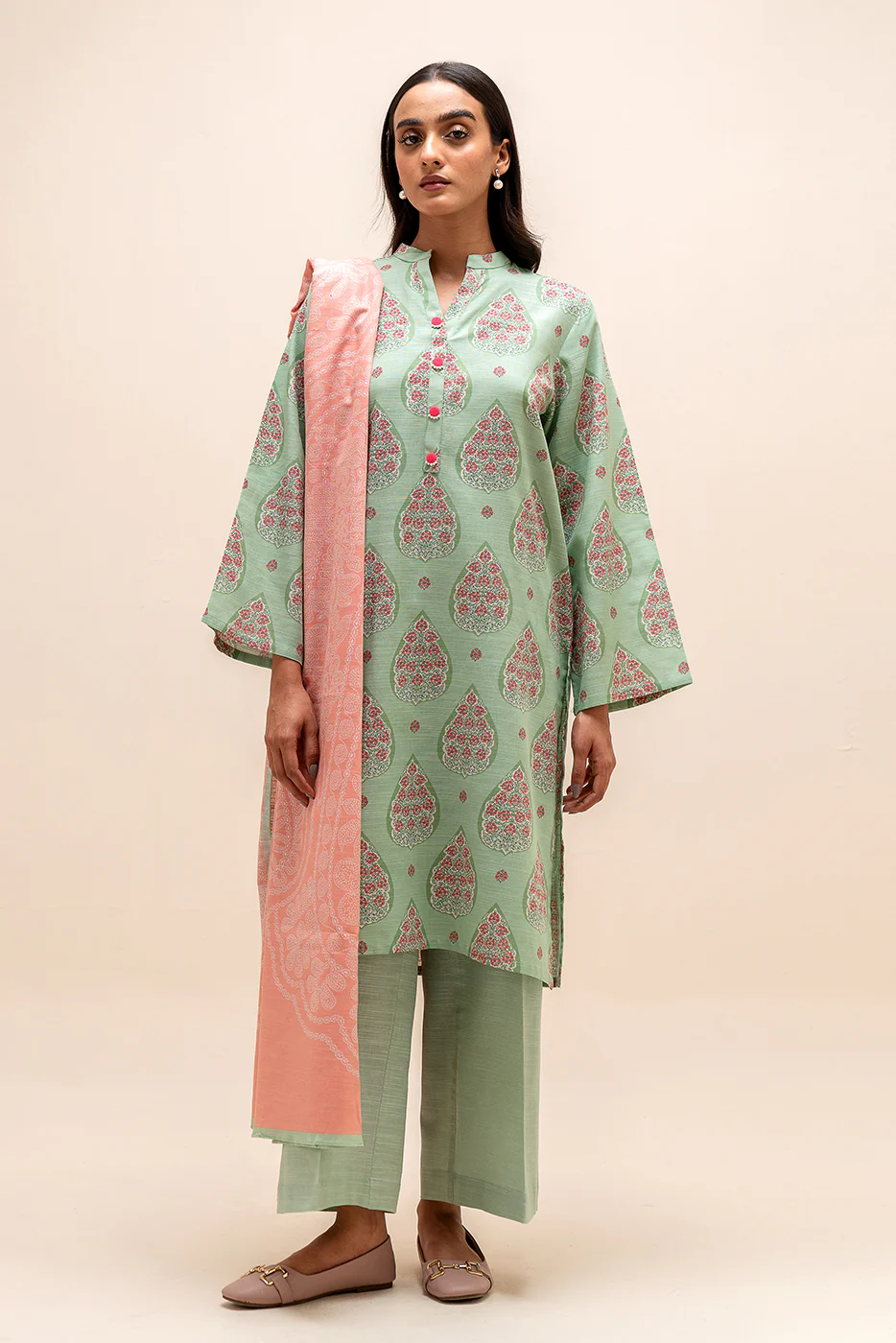 3 PIECE PRINTED KHADDAR SUIT-FLORA MINT (UNSTITCHED) - Image 2