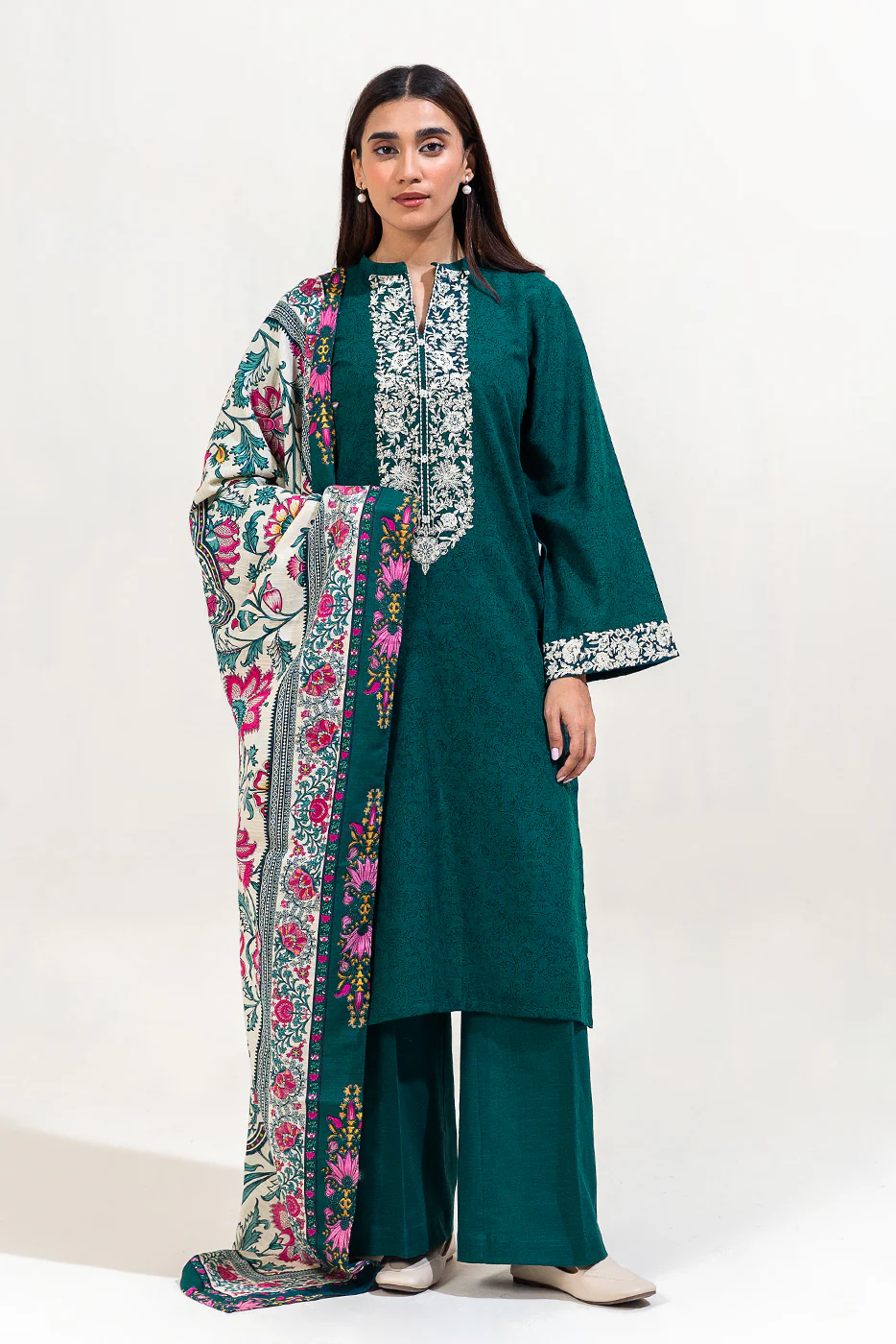 2 PIECE EMBROIDERED KHADDAR SUIT-TEAL BLOOM (UNSTITCHED) - Image 4