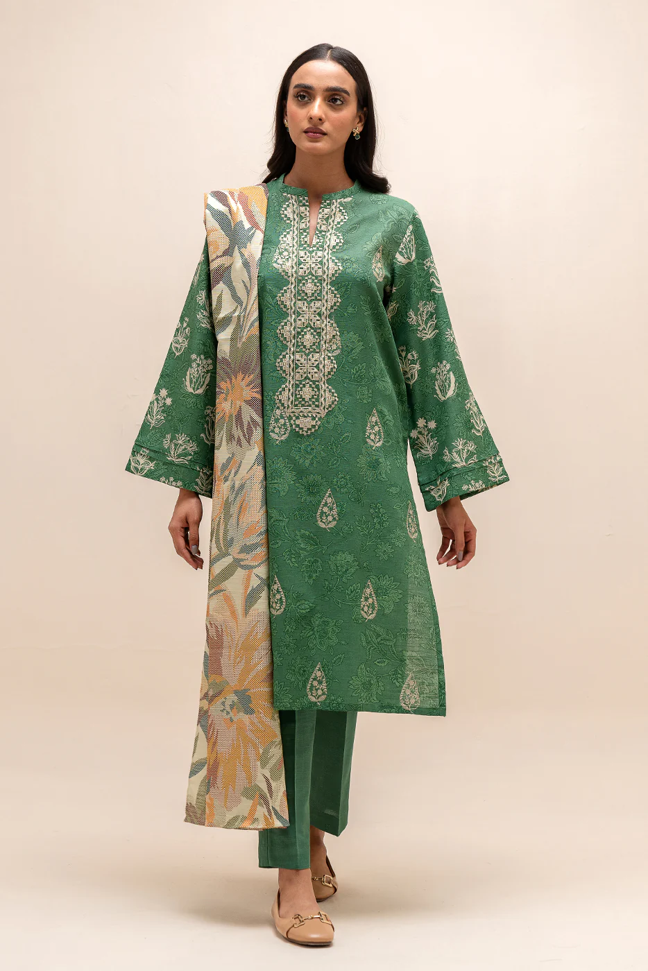 2 PIECE EMBROIDERED KHADDAR SUIT-SAGE PEARL (UNSTITCHED) - Image 2