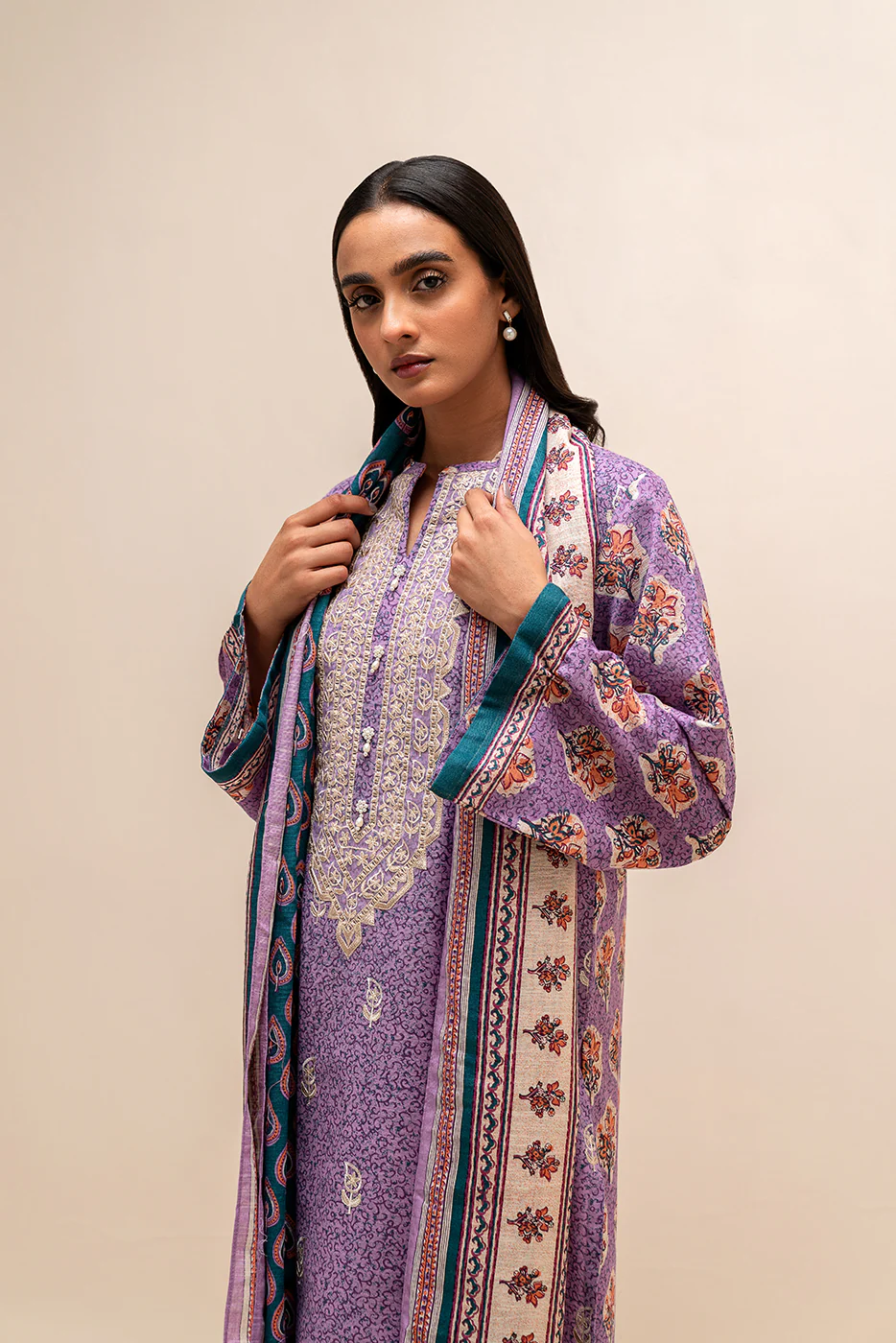 3 PIECE EMBROIDERED KHADDAR SUIT-PERIWINKLE BLOOM (UNSTITCHED) - Image 2