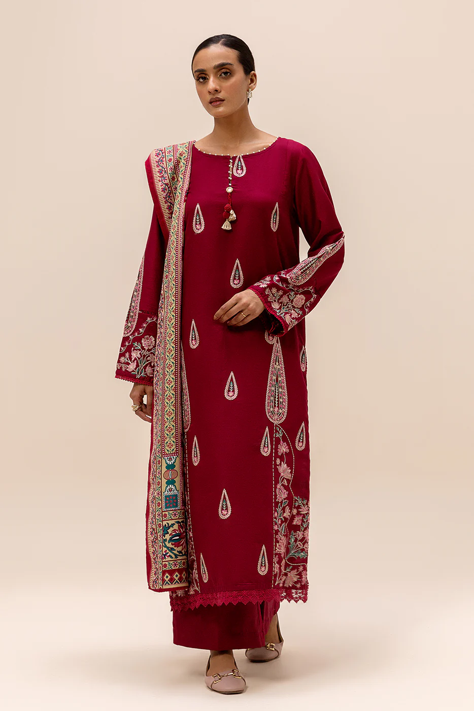 3 PIECE EMBROIDERED SATIN SUIT-BURGUNDY GRACE (UNSTITCHED) - Image 2