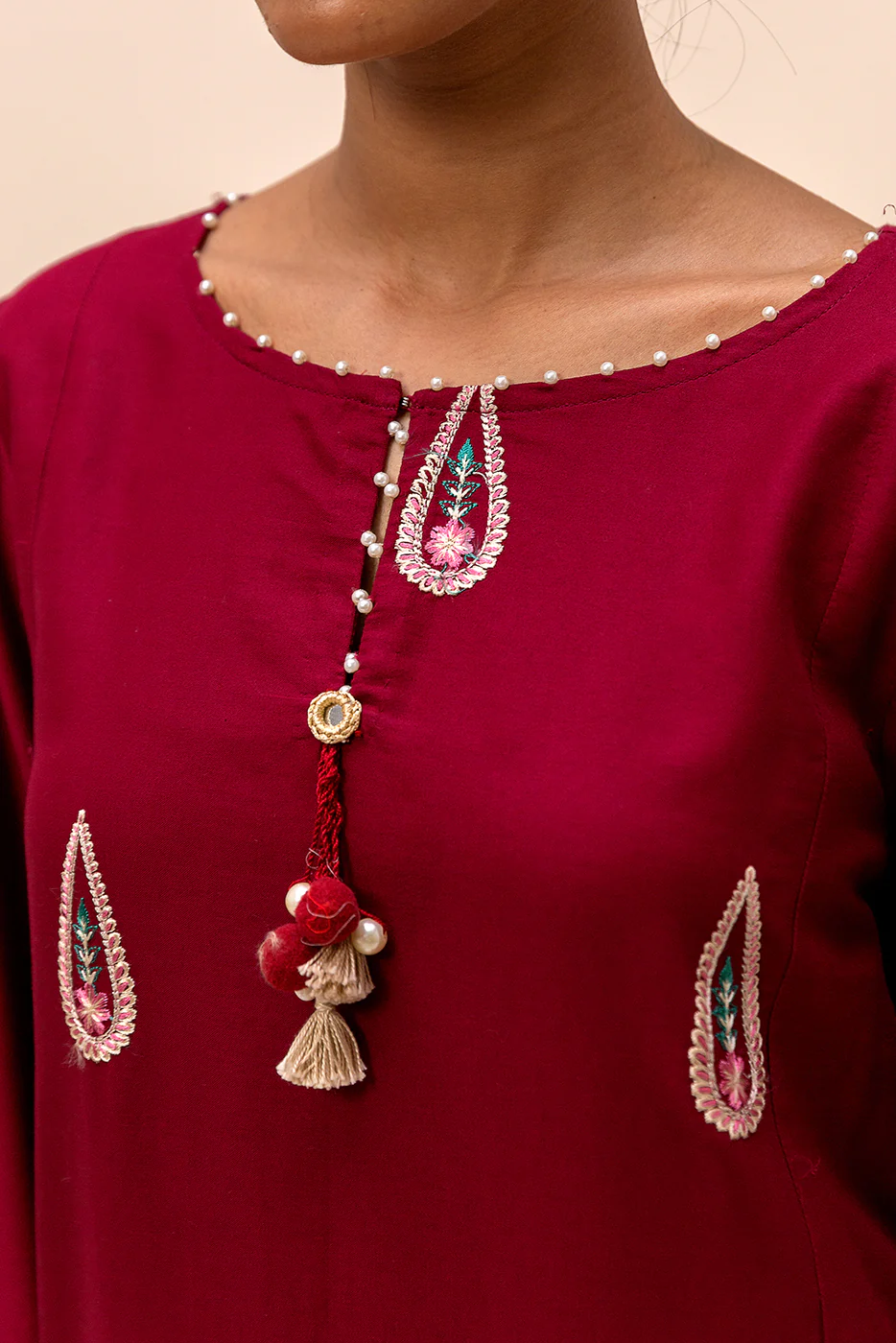 3 PIECE EMBROIDERED SATIN SUIT-BURGUNDY GRACE (UNSTITCHED) - Image 5