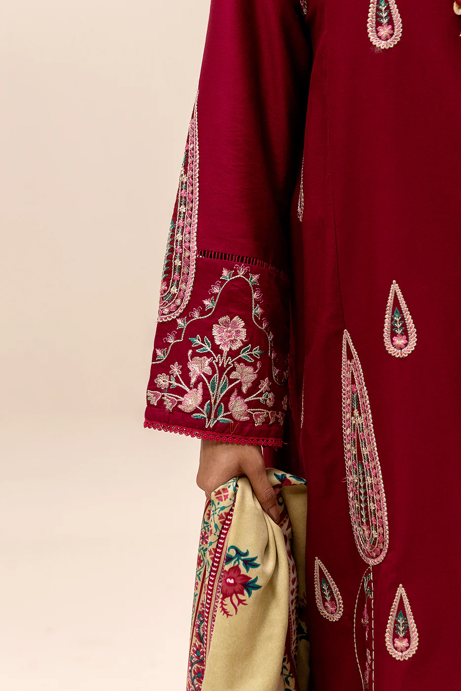 3 PIECE EMBROIDERED SATIN SUIT-BURGUNDY GRACE (UNSTITCHED) - Image 6