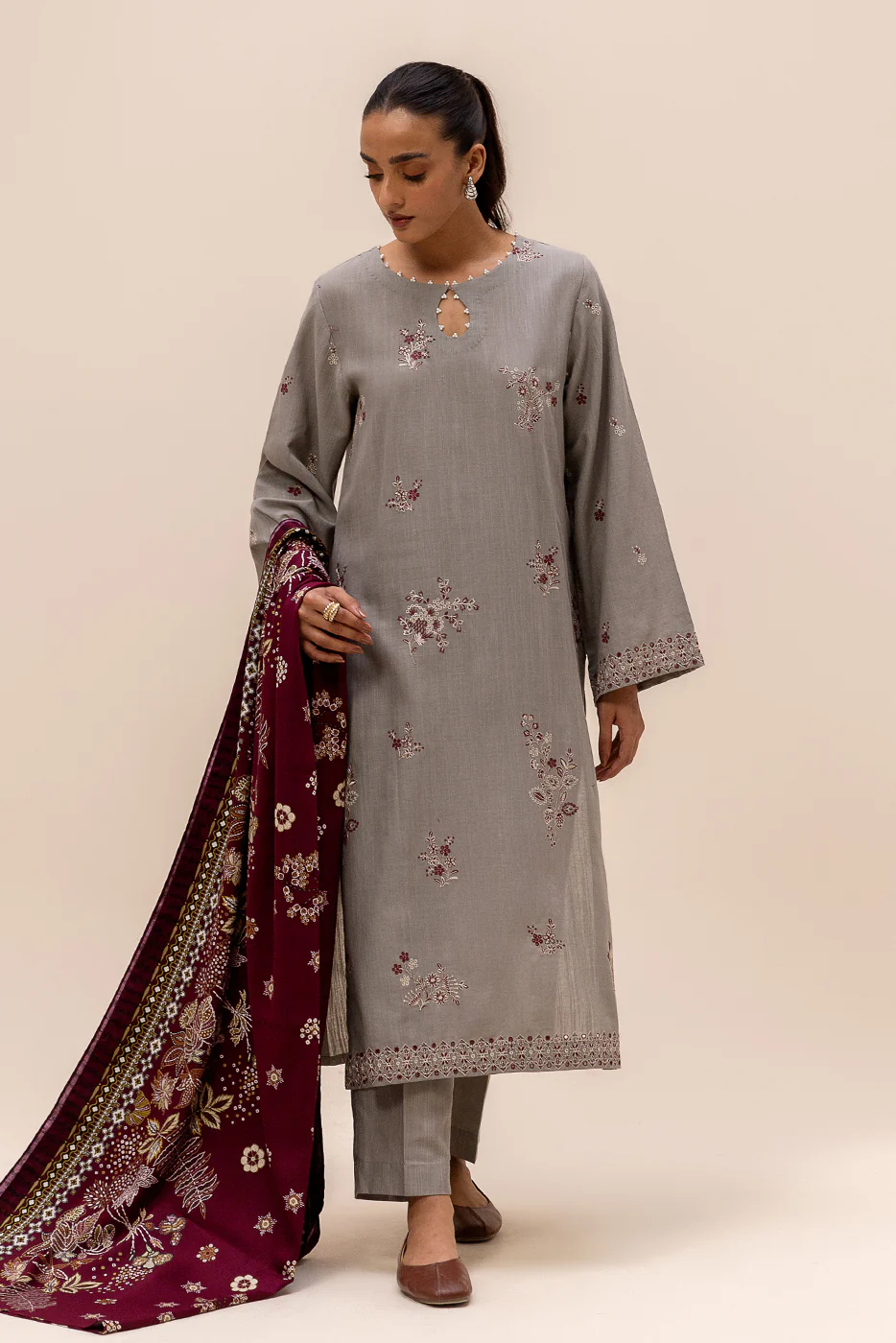 3 PIECE EMBROIDERED KHADDAR SUIT-FOSSIL DEW (UNSTITCHED) - Image 3