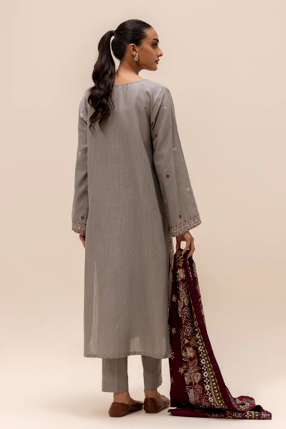 3 PIECE EMBROIDERED KHADDAR SUIT-FOSSIL DEW (UNSTITCHED) - Image 4