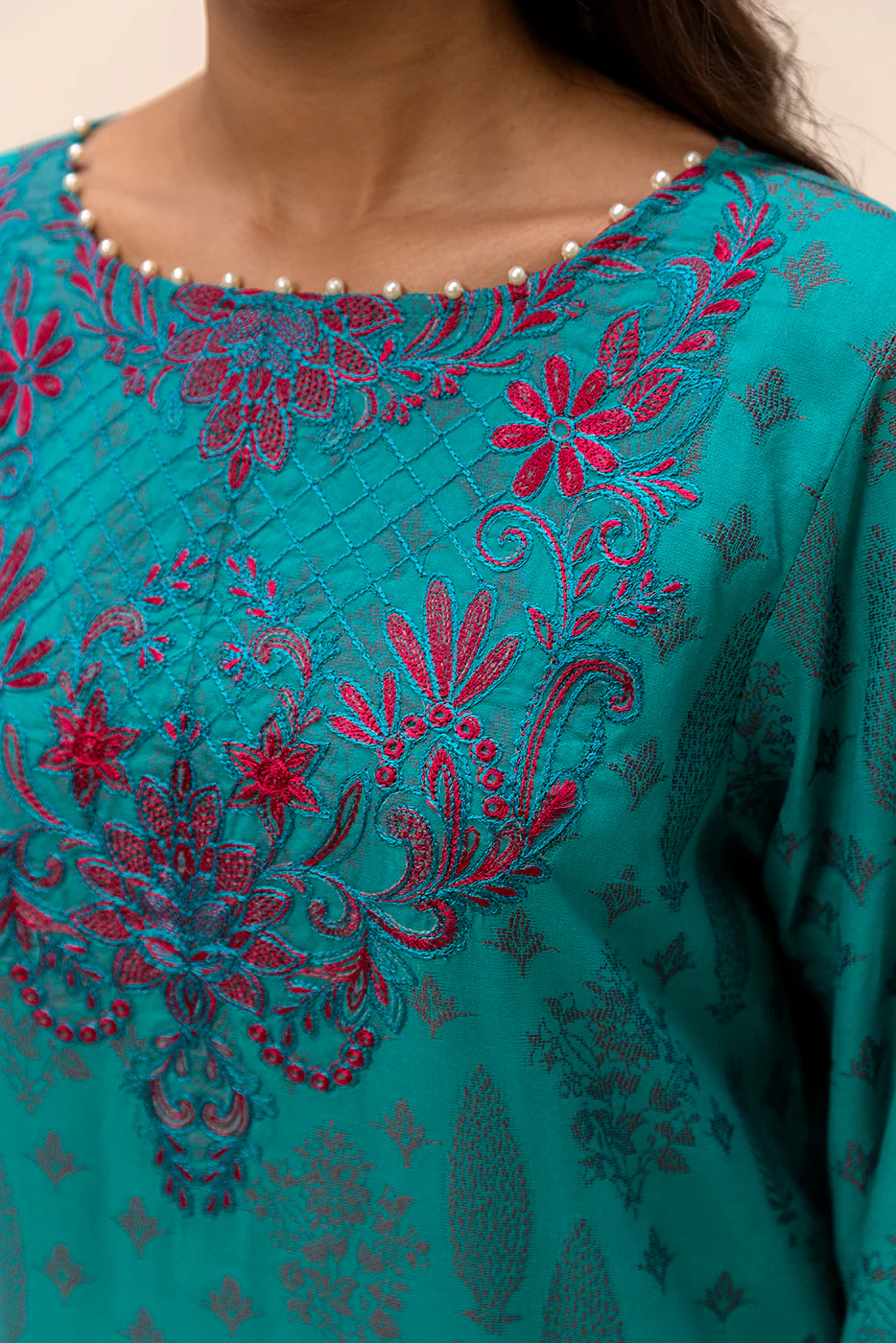 2 PIECE EMBROIDERED JACQUARD SUIT-OCEAN GLINT (UNSTITCHED) - Image 4