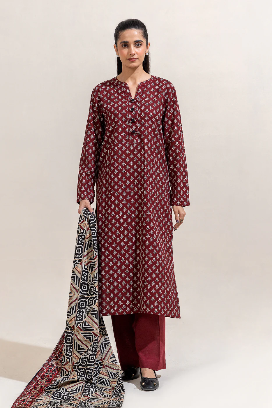 2 PIECE PRINTED KHADDAR SUIT-GARNET DUST (UNSTITCHED) - Image 2