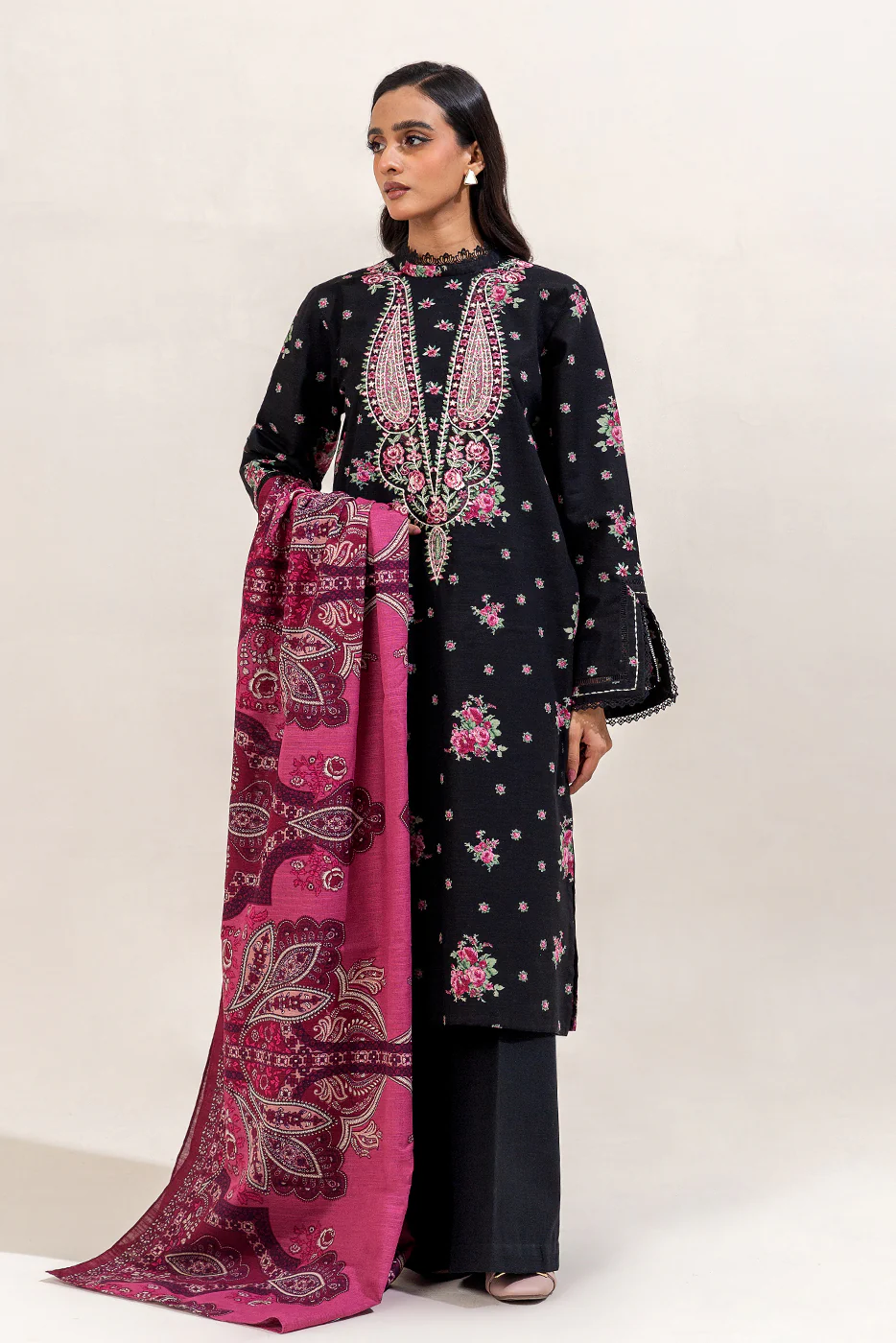 3 PIECE EMBROIDERED KHADDAR SUIT-EBONY ROSETTE (UNSTITCHED) - Image 2