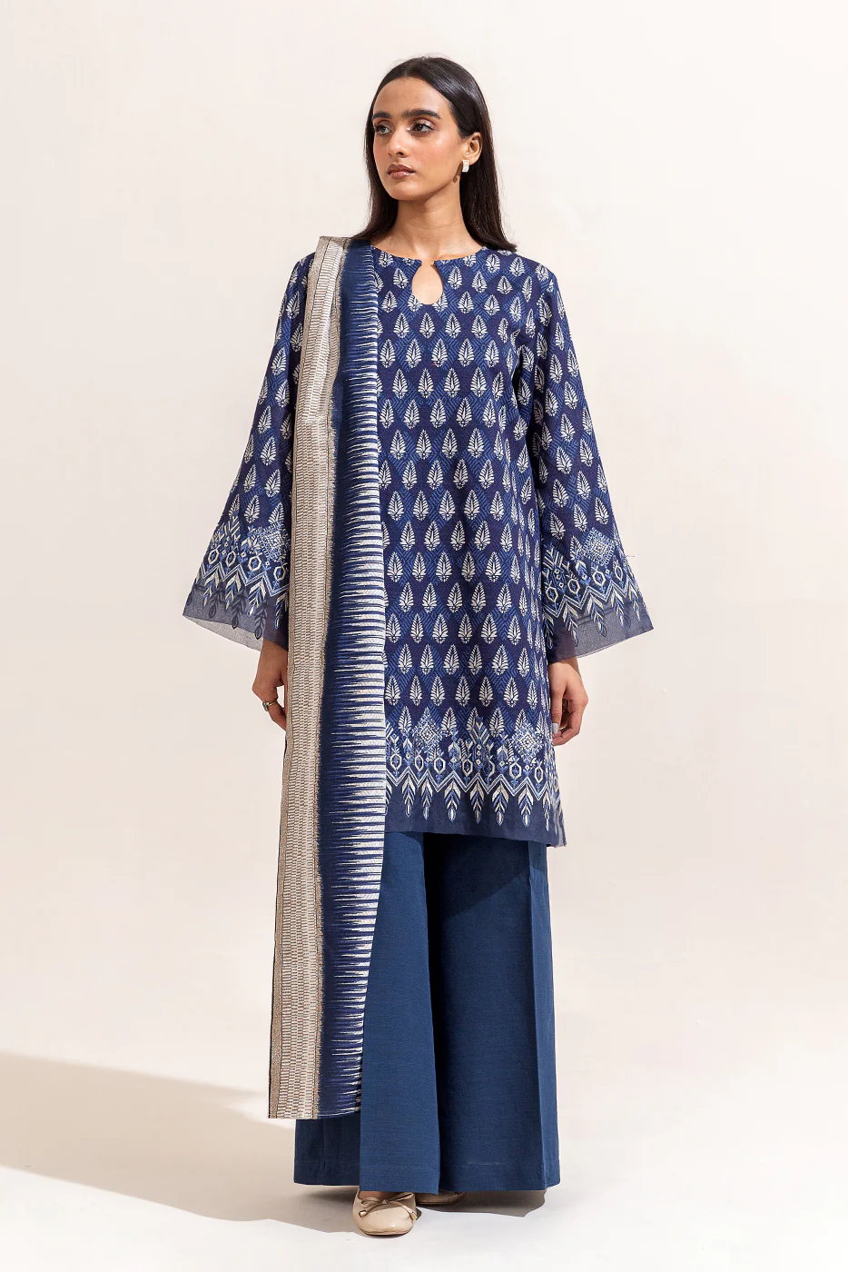 3 PIECE EMBROIDERED KHADDAR SUIT-IKAT BLUE (UNSTITCHED) - Image 4