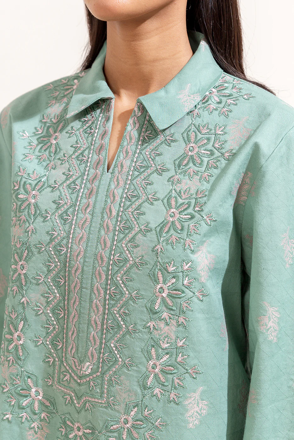 2 PIECE EMBROIDERED SELF JACQUARD SUIT-AQUA GLOOM (UNSTITCHED) - Image 4